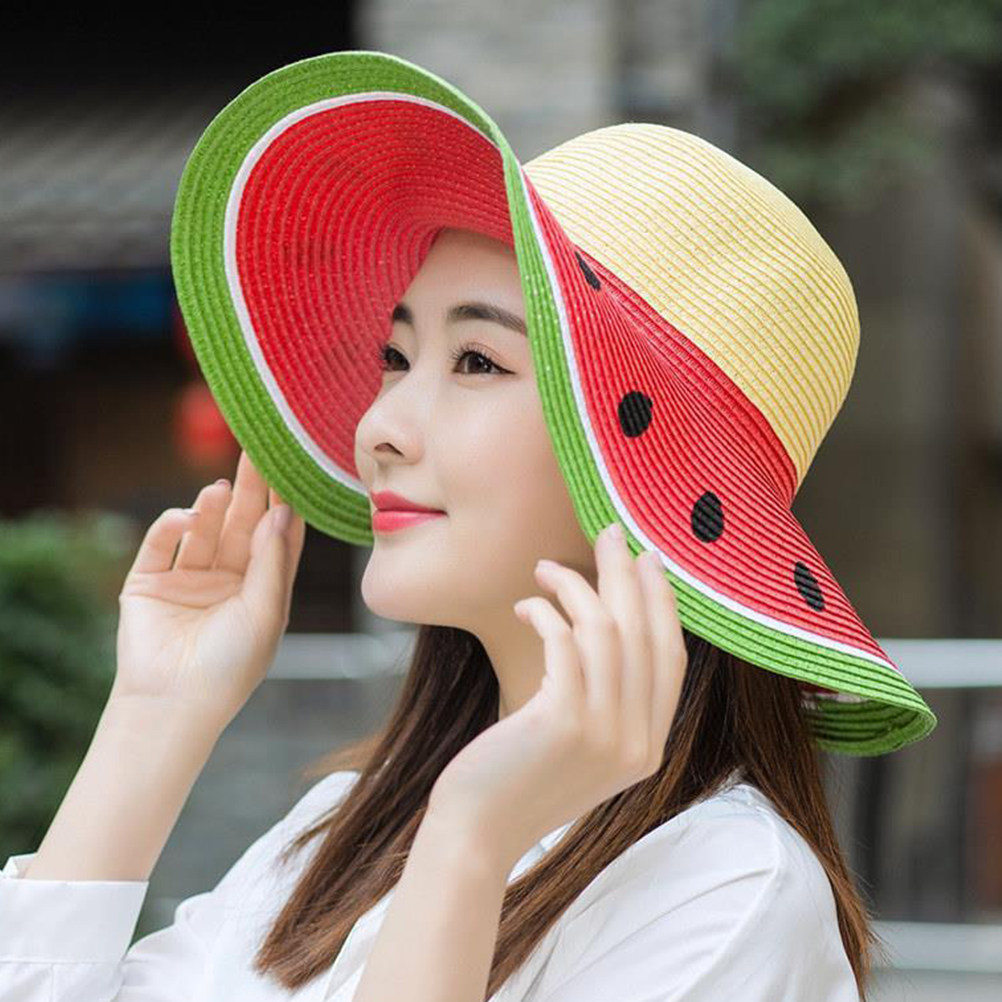 Sun Hat Wide Brim - Mädchen Wassermelonen-Strohhut Sommer Breitkrempiger Sonnenhut UV-Schutz